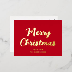 Moderne frohe Weihnachten Red Gold Script Einfach Folien Feiertagspostkarte