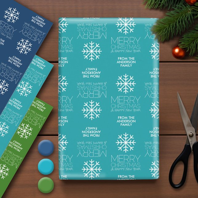 Moderne frohe Weihnachten und HNY Familienname Geschenkpapier Set (Custom Wrapping Paper - Holiday and Christmas Theme)