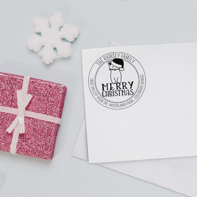 Moderne frohe Weihnachts-Cat-Rücksendeadresse Gummistempel (Von Creator hochgeladen)