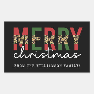 Moderne frohe Weihnachts-Leopard Print Typografie Rechteckiger Aufkleber
