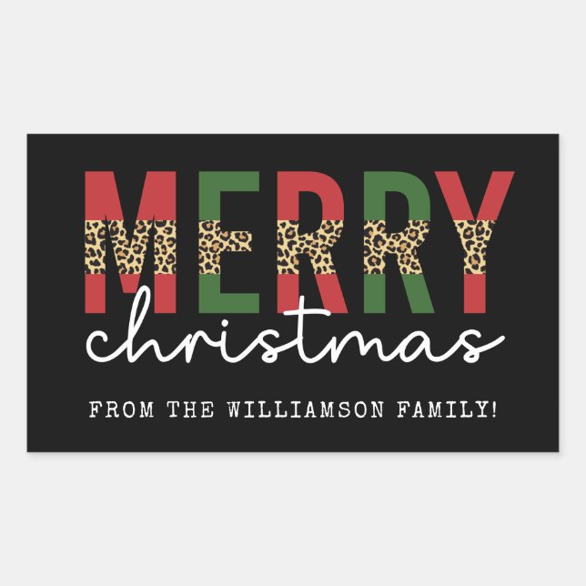 Moderne frohe Weihnachts-Leopard Print Typografie Rechteckiger Aufkleber (Vorderseite)