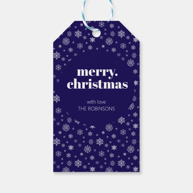 Moderne frohe Weihnachts Navy Blue Snowflake Muste Geschenkanhänger (Rückseite)