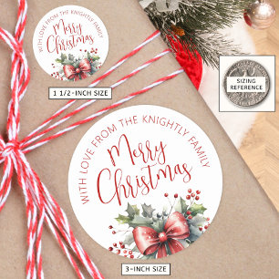 Moderne frohe Weihnachts-Script Red Bow aus dem Na Runder Aufkleber