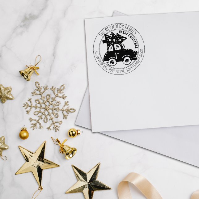 Moderne frohe Weihnachtsbaumwagen Rücksendeadresse Gummistempel (Von Creator hochgeladen)