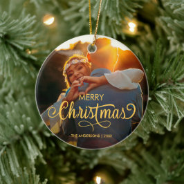 Moderne frohe Weihnachtsfamilie Foto Name Keramik  Keramik Ornament