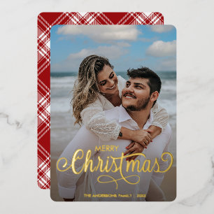 Moderne frohe Weihnachtsfamilie Foto Name Tartan F Folien Feiertagskarte