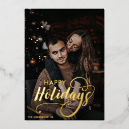 Moderne frohe Weihnachtsfamilie Foto Name Tartan Folien Feiertagskarte