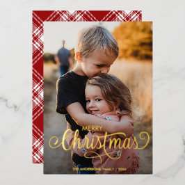 Moderne frohe Weihnachtsfamilie Foto Name Tartan Folien Feiertagskarte