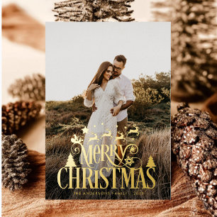 Moderne frohe Weihnachtsfamilie Foto Name Tartan Folien Feiertagskarte