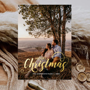 Moderne frohe Weihnachtsfamilie Foto Name Tartan Folien Feiertagskarte