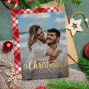 Moderne frohe Weihnachtsfamilie Foto Name Tartan Folien Feiertagskarte