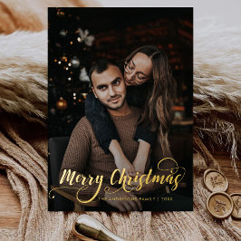 Moderne frohe Weihnachtsfamilie Foto Name Tartan Folien Feiertagskarte