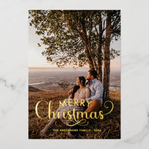 Moderne frohe Weihnachtsfamilie Foto Name Tartan H Folien Feiertagskarte