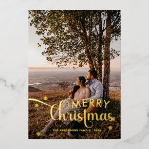 Moderne frohe Weihnachtsfamilie Foto Name Tartan H Folien Feiertagskarte