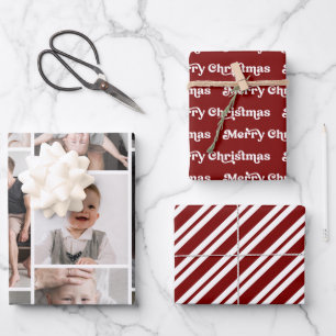 Moderne frohe Weihnachtsfoto Collage Candy Stripes Geschenkpapier Set