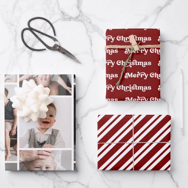 Moderne frohe Weihnachtsfoto Collage Candy Stripes Geschenkpapier Set (Vorderseite)
