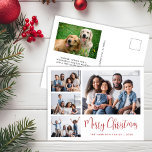 Moderne frohe Weihnachtsfoto Collage Feiertagspostkarte<br><div class="desc">Moderne Urlaubspostkarte mit einer 4-Foto-Collage auf der Vorderseite,  "Frohe Weihnachten" in einem schicken roten Drehbuch und Ihr Name und Jahr in der einfachen roten Typografie. Auf der Rückseite fügen Sie ein zusätzliches Foto und eine personalisierte saisonale Botschaft an Familie und Freunde.</div>