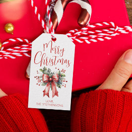 Moderne frohe Weihnachtsschrift Holly Bow Name Geschenkanhänger