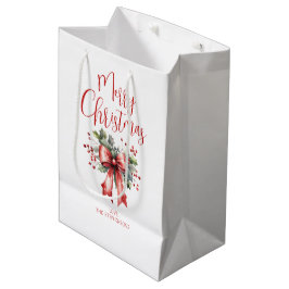 Moderne frohe Weihnachtsschrift Holly Bow Name Mittlere Geschenktüte