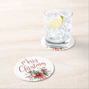 Moderne frohe Weihnachtsschrift Holly Bow Red Runder Pappuntersetzer