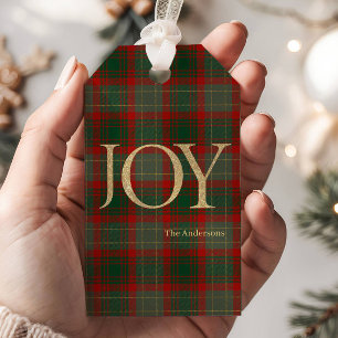 Moderne frohe Weihnachtsschrift Joy tartan rot Geschenkanhänger