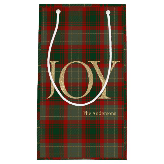 Moderne frohe Weihnachtsschrift Joy tartan rot Kleine Geschenktüte (Vorderseite)