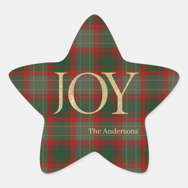 Moderne frohe Weihnachtsschrift Joy tartan rot Stern-Aufkleber (Vorderseite)