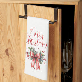 Moderne frohe Weihnachtsschrift Red Bow Geschirrtuch