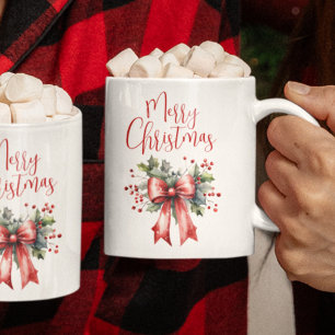 Moderne frohe Weihnachtsschrift Red Bow Kaffeetasse