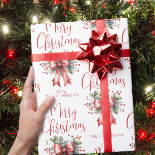 Moderne frohe Weihnachtsschrift Red Bow Personalis Geschenkpapier