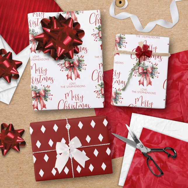 Moderne frohe Weihnachtsschrift Red Bow Personalis Geschenkpapier Set (Von Creator hochgeladen)