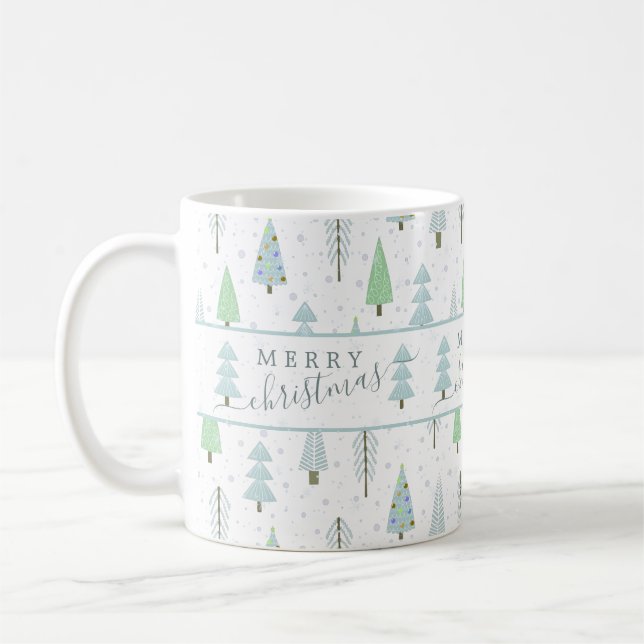 Moderne frohe Weihnachtswälder Bäume Blue Green Kaffeetasse (Links)