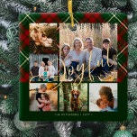 Moderne fröhliche Familienfeier Weihnachten Foto Keramikornament<br><div class="desc">Elegante stilvolle karierte Tartan-Imitate goldene Drehbuch sechs Fotos der Familie und nennen traditionell roten grünen Baum-Ornament.</div>