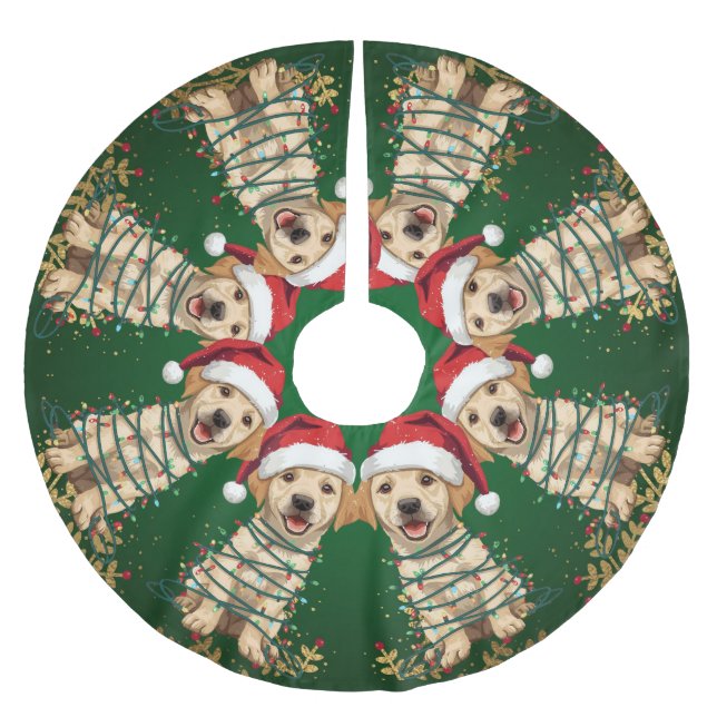 Moderne fröhliche Lab-Christbaum-Welpen-Hund-Muste Polyester Weihnachtsbaumdecke (Vorderseite)
