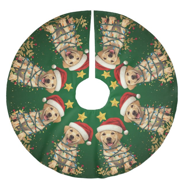 Moderne fröhliche Lab-Christbaum-Welpen-Muster Polyester Weihnachtsbaumdecke (Vorderseite)