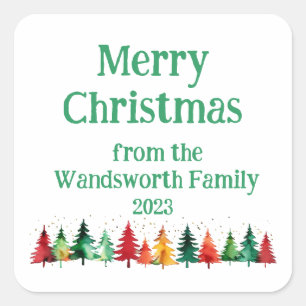 Moderne fröhliche Weihnachtsbäume Quadratischer Aufkleber