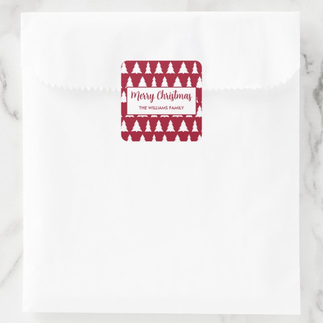 Moderne fröhliche Weihnachtsmaroon Weiße Tree Must Quadratischer Aufkleber (Tasche)