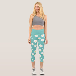 Moderne Frühlingsaqua gelbe Flora Muster Capri Leggings