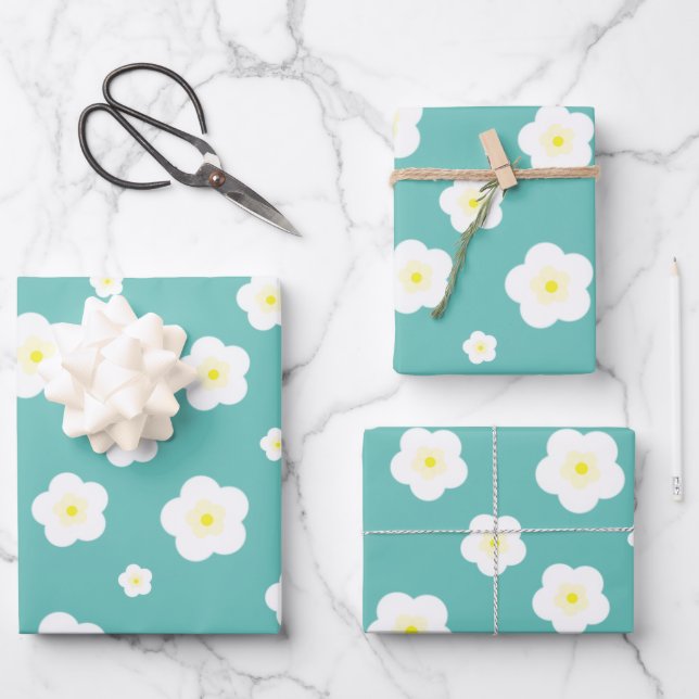 Moderne Frühlingsaqua lila Blumenmuster Geschenkpapier Set (Vorderseite)