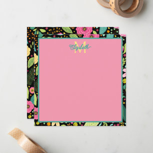 Moderne Frühlingsblumen auf Schwarz Monogram Mitteilungskarte