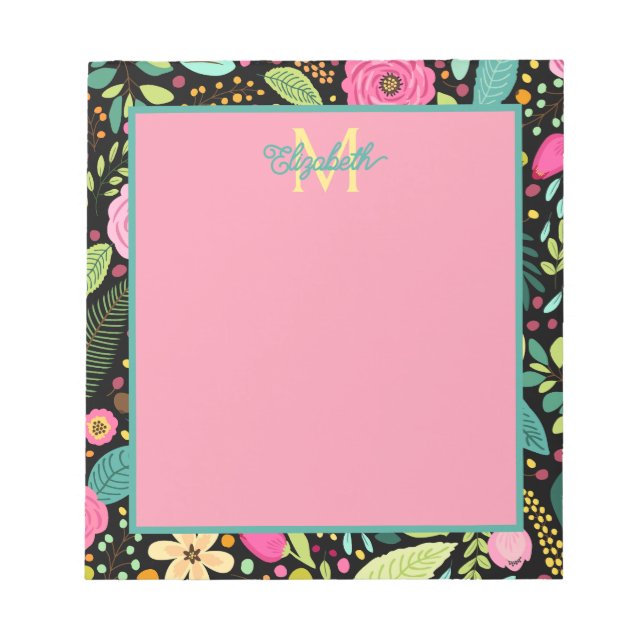 Moderne Frühlingsblumen auf schwarzem Monogramm Notizblock (Vorderseite)