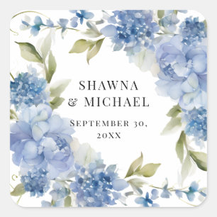Moderne Frühlingsblumen Blau Weiße Aquarell-Hochze Quadratischer Aufkleber