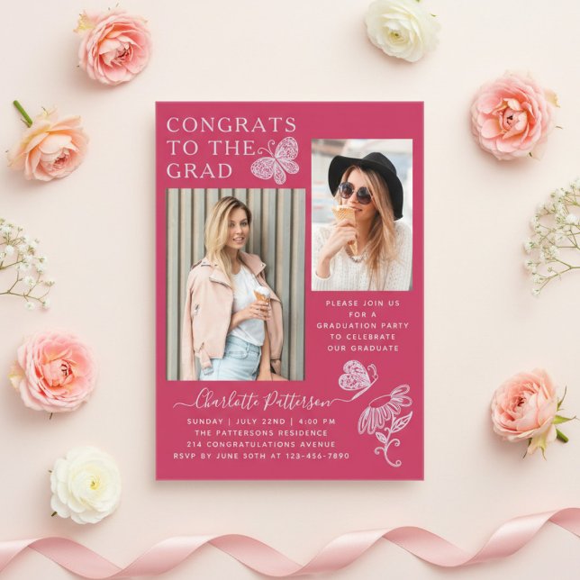 Moderne Fuchsia Butterfly Foto Graduation Party Acryleinladungen (Von Creator hochgeladen)