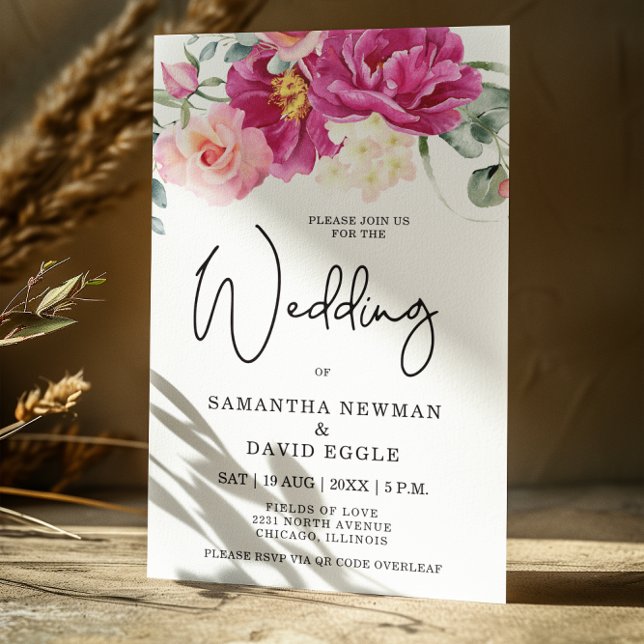 Moderne Fuchsia Pink Floral QR Code Hochzeit Einladung (Von Creator hochgeladen)