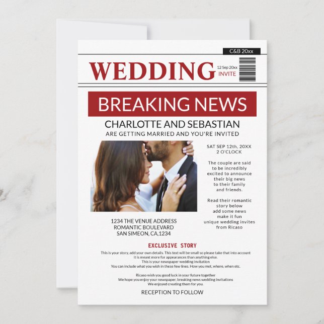 Moderne Fun Breaking News Wedding Newspaper Ankündigung (Vorderseite)