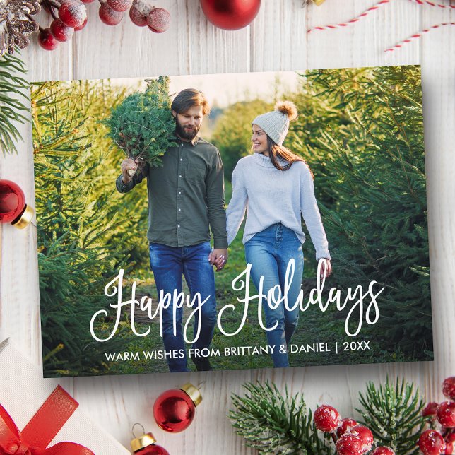 Moderne Fun Calligraphy Couple Foto Happy Holidays Postkarte (Customize to change your personalized text size or text style.)