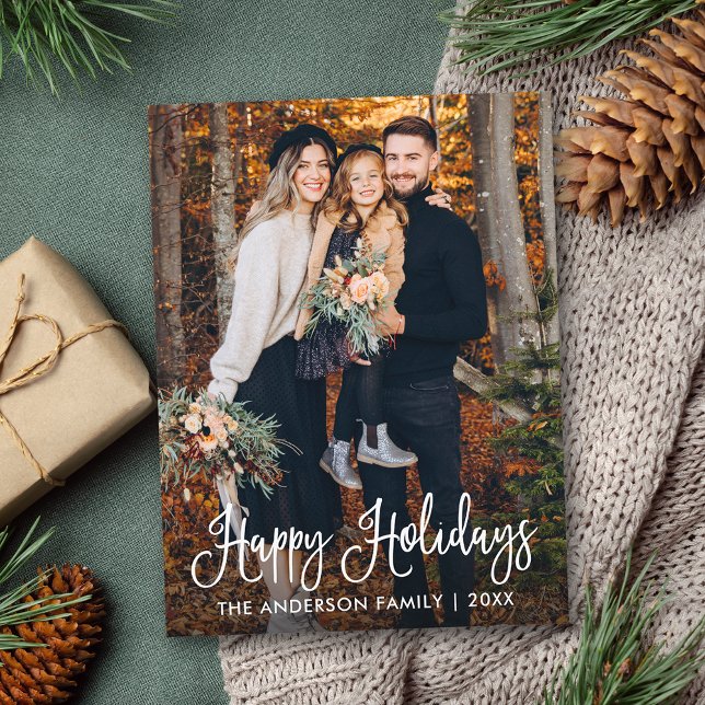 Moderne Fun Calligraphy Family Foto Holiday Postkarte (Customize to change your personalized text size or text style.)