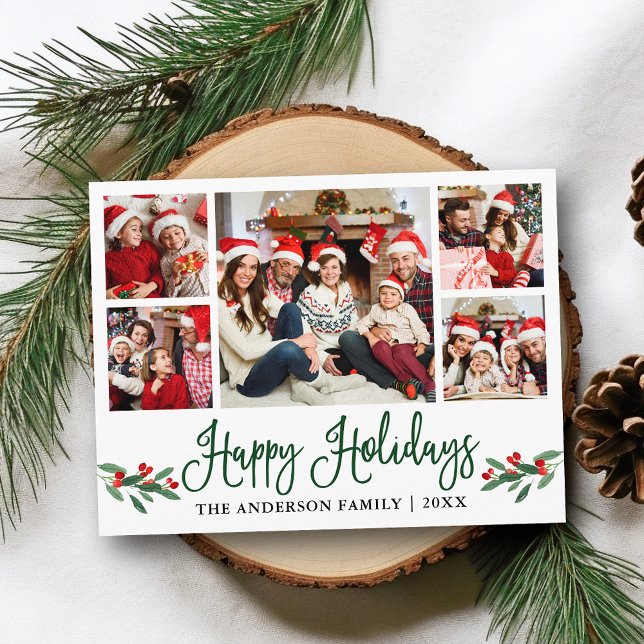 Moderne Fun Calligraphy Holly 5 Foto Holiday Postkarte (Customize to change your personalized text size or text style.)
