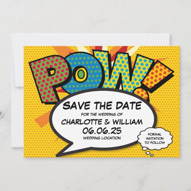Moderne Fun Comic Book Pow Hochzeit speichern das  Save The Date (Vorderseite)