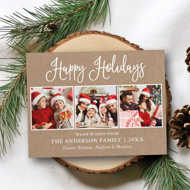 Moderne Fun Kalligrafie 3 Fotos Kraft Holiday Postkarte (Customize to change your personalized text size or text style.)